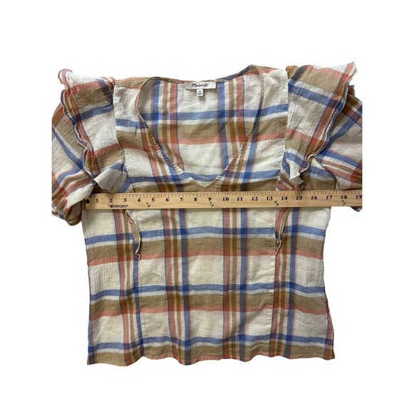 Madewell Plaid Ruffle Sleeve Top Blouse Womens XS Casual‎ Anthropologie - Picture 5 of 8